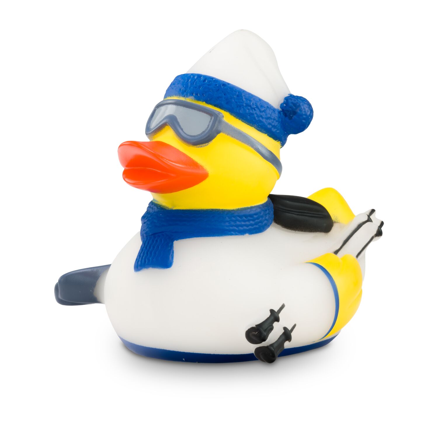 gelbe Werbeente Timo Tiefschnee mit weißem Skianzug, Mütze, Skibrille, Schal und Rucksack, Größe: ca. 8 cm. Inklusive Quietschventil