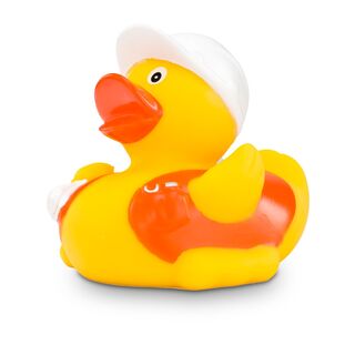 gelbe Badeente Bob Bauleiter mit Bauhelm, orangener Warnweste und Bauplänen. Größe: ca. 8 cm, inklusive Quietschventil
