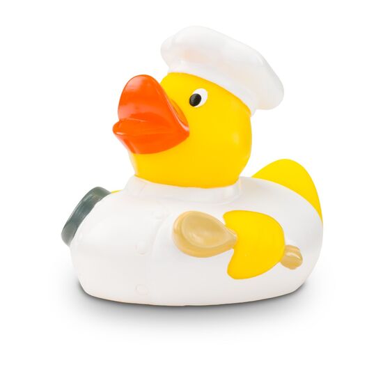 gelbe Badeente Kalle Koch mit Koch-Outfit, Kochlöffel und Haube, Größe: ca. 8 cm. Inklusive Quietschventil