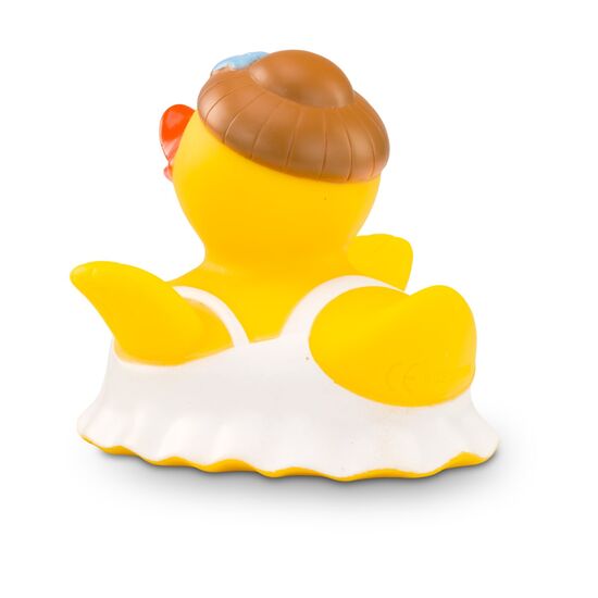 gelbe Werbeente Bella Ballerinamit Ballerina-Outfit und Hochsteck-Frisur, Größe: ca. 8 cm. Inklusive Quietschventil