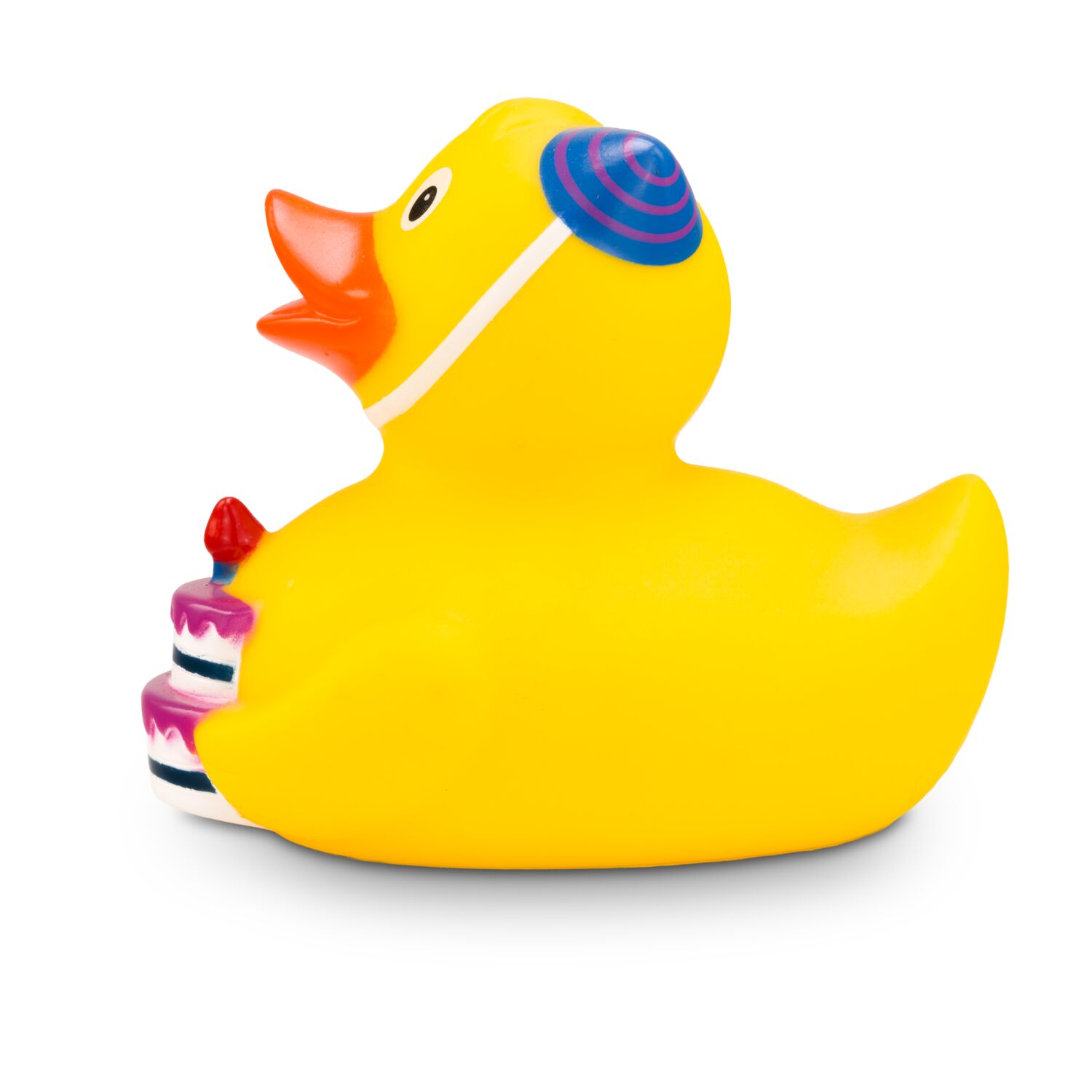 gelbe Werbeente Tobi Tortenquak mit Torte und Partyhut , Größe: ca. 8 cm. Inklusive Quietschventil