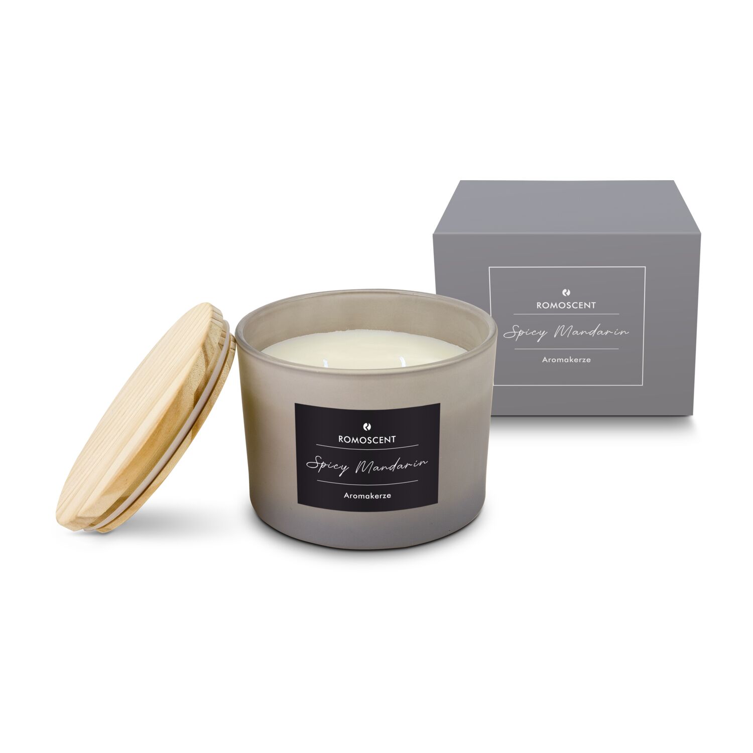 Moderne 2-Docht-Kerze (ca. 330 g) mit Betonoptik und passendem Holzdeckel, in Geschenkkarton. Exotisch, fruchtiger Duft.