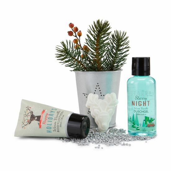 100 ml Duschgel, 50 ml Tube Body Lotion, 30 g Seife in Rentierform, im Metallbecher mit Lochstanzung in Sternform