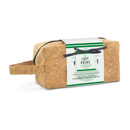 260 ml Duschgel, 260 ml Schaumbad, 100 g Salz-Peeling und Bade-Schwamm in Kork-Kosmetiktasche mit Henkel