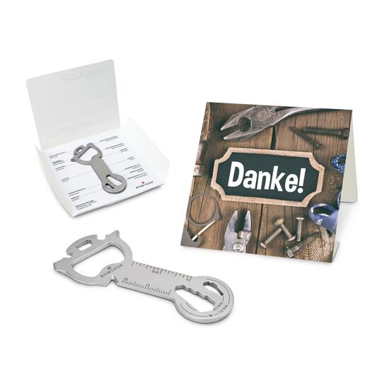 Das Key Tool kommt in einem „Danke”-Mäppchen inkl. Funktionsbeschreibung. „An die Werkzeuge, fertig, los“!