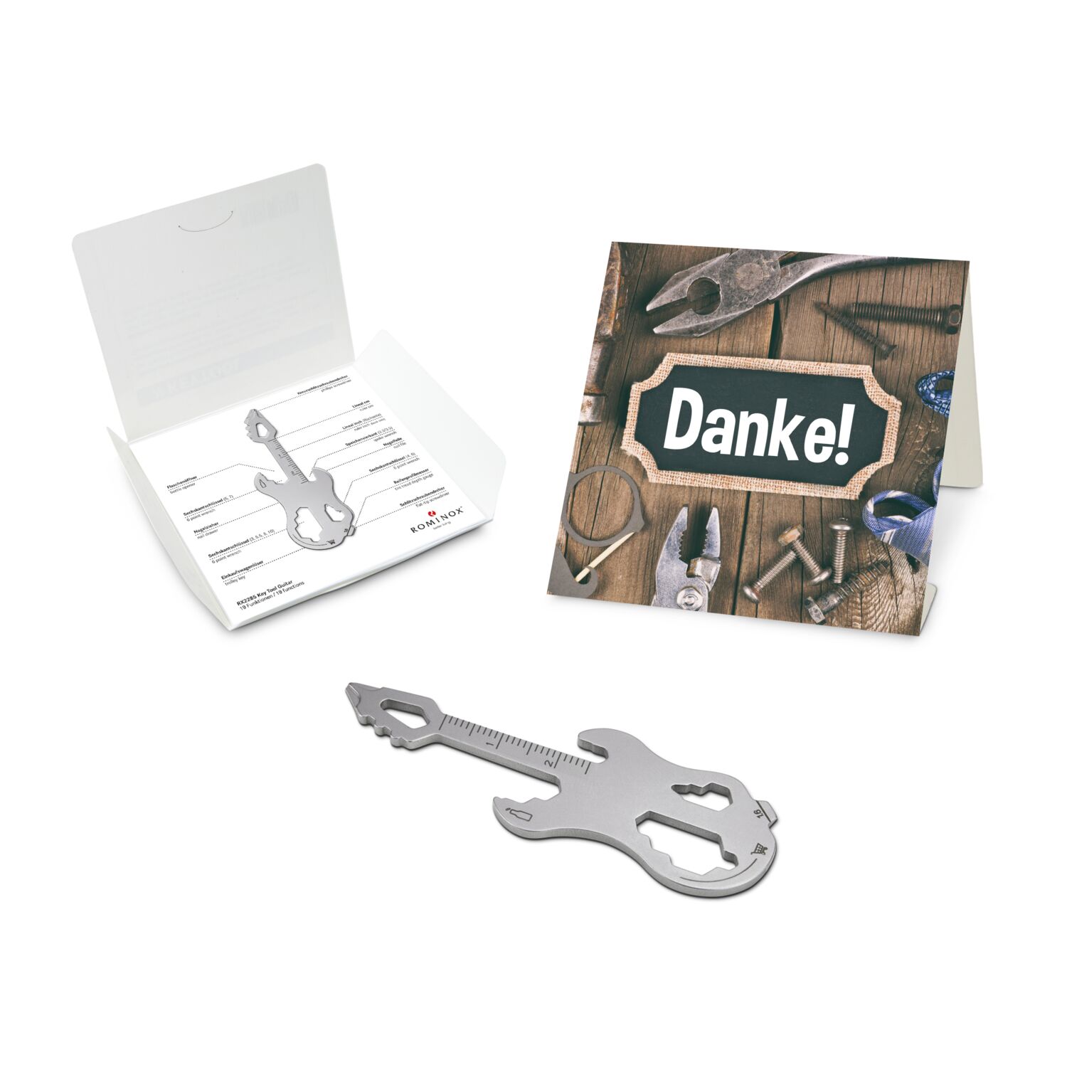 Das Key Tool kommt in einem „Danke”-Mäppchen inkl. Funktionsbeschreibung. „An die Werkzeuge, fertig, los“!