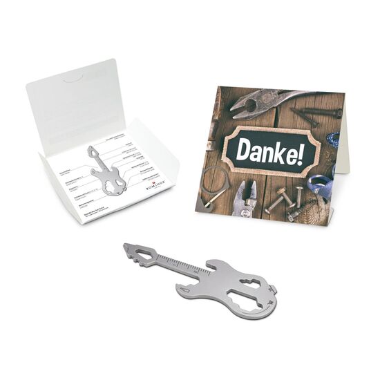 Das Key Tool kommt in einem „Danke”-Mäppchen inkl. Funktionsbeschreibung. „An die Werkzeuge, fertig, los“!