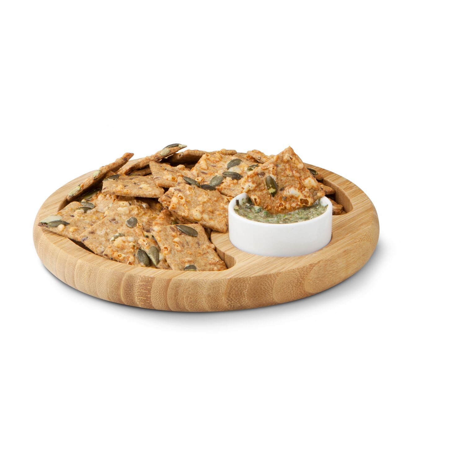 Runde Bambusschale mit asymmetrisch platziertem Keramikschälchen, zum ästhetischen Servieren von Snacks und Dips (Bambus, Keramik)