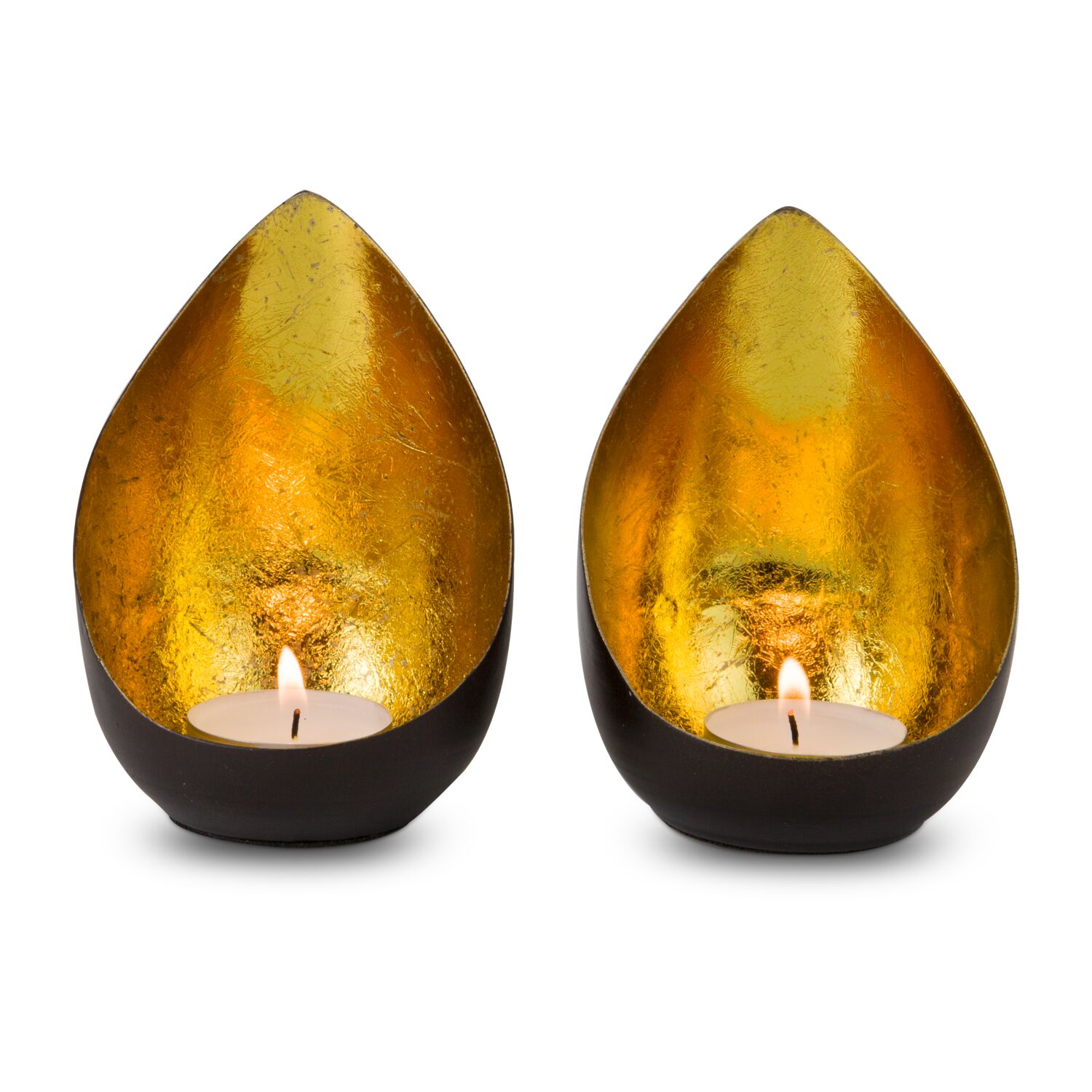 Zwei dekorative Teelichthalter als Set (Metall - seidenmatt braun lackiert, Goldfolienauskleidung, ohne Teelicht)