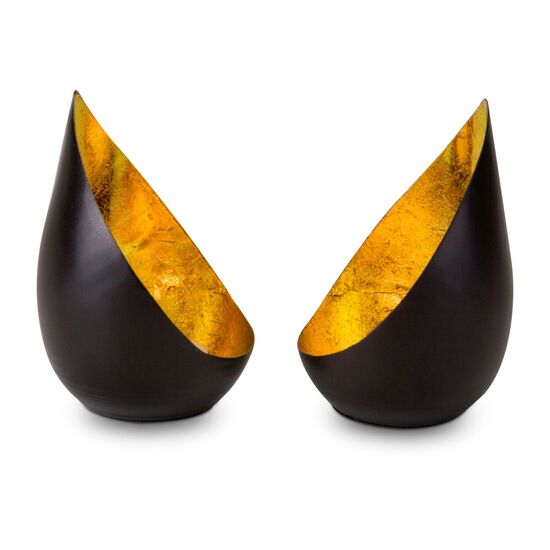 Zwei dekorative Teelichthalter als Set (Metall - seidenmatt braun lackiert, Goldfolienauskleidung, ohne Teelicht)