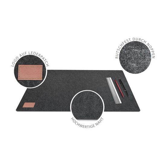 Hochwertige Schreibtischunterlage aus Filz, modernes, dunkles Anthrazit passend zu jedem Schreibtisch, praktische Antirutschunterseite, hochwertiger Saum, edles, aufgenähtes PU-Badge