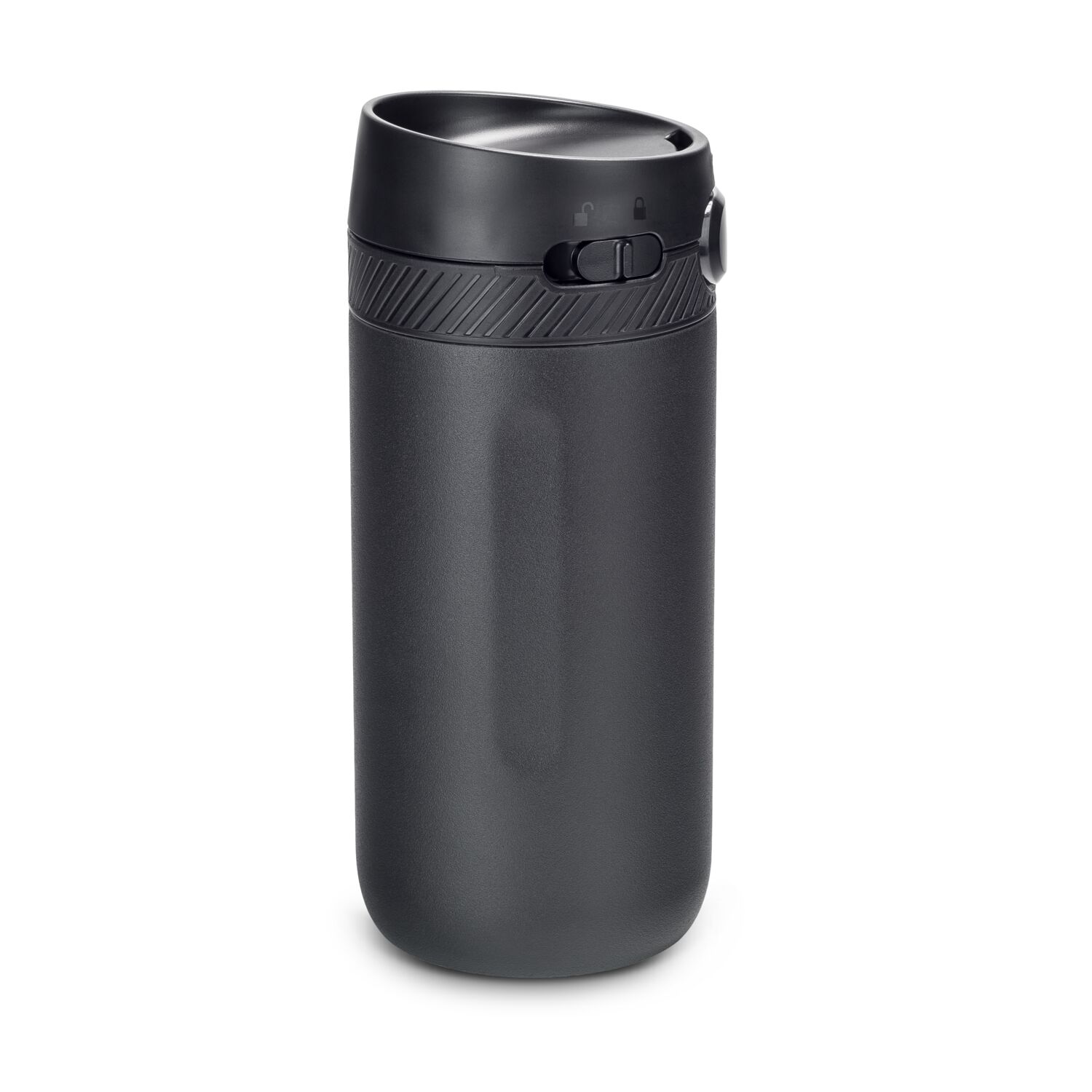 Moderner Thermobecher mit Einhand-Druckknopfverschluss und entnehmbarem Innenteil, 400 ml (Edelstahl - pulverbeschichtet, Kunststoff, Gummi)