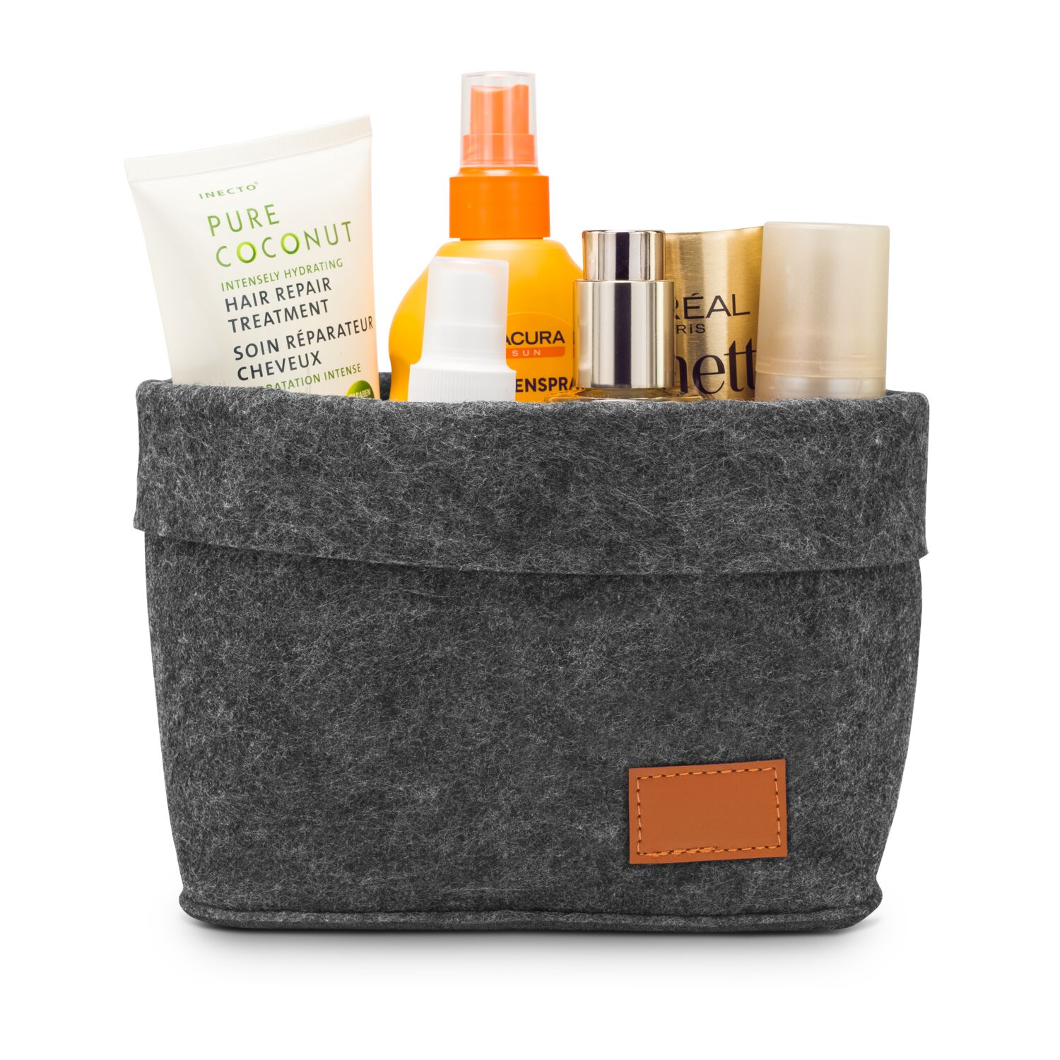 Filzkorb in Anthrazit, mit Krempe und aufgenähtem Badge in Lederoptik